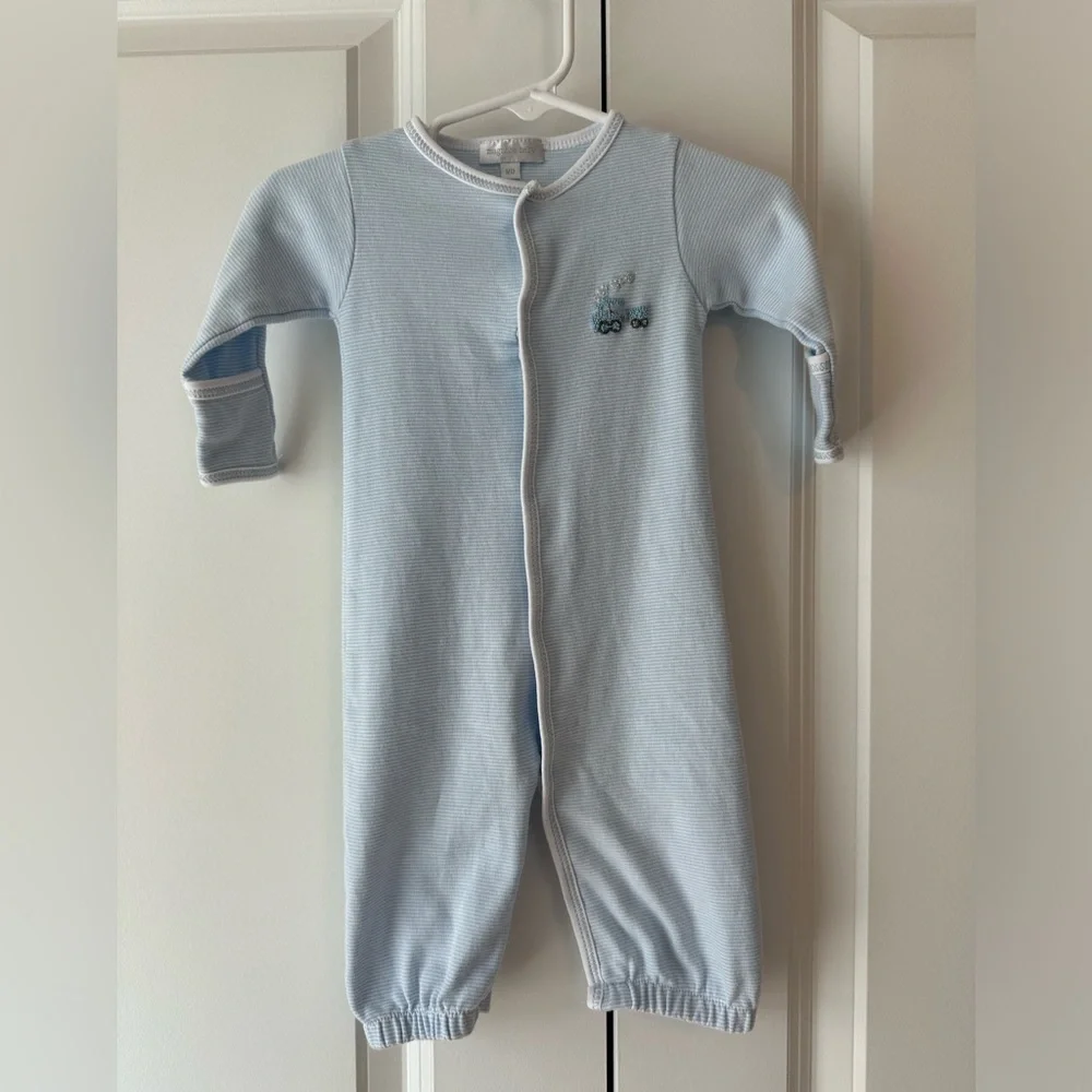 Magnolia Baby Train Embroidered Convertible Gown Blue & White Striped (Sz M/6M)